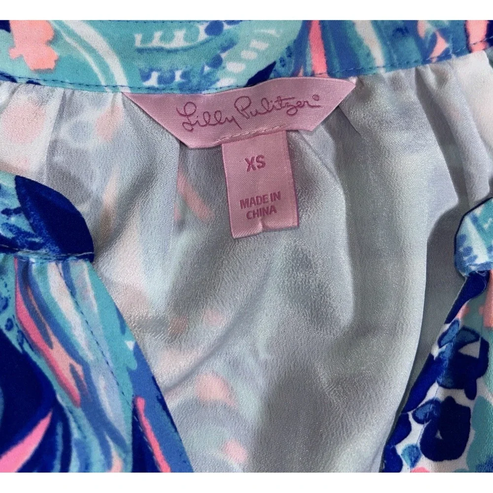 Lilly Pulitzer Brynle Dress Twilight Blue Gold Buttons Smocked Sleeves Womens XS